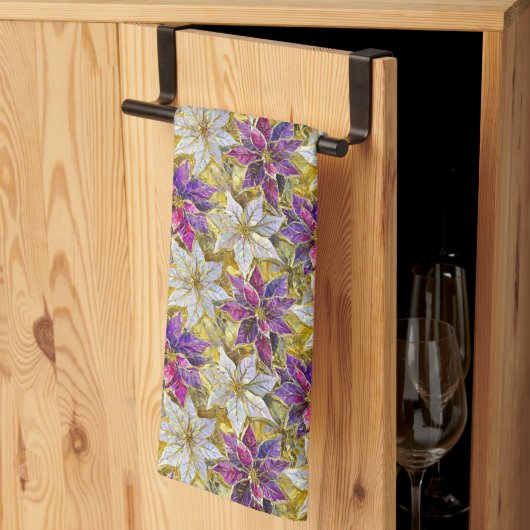 Wit Goud Paarse Roze Kerstmis Poinsettias Theedoek (Derde Gevouwen)