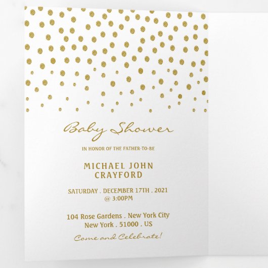 Wit & Goud Polka Dot, Baby shower Suite Drieluik Uitnodiging (Binnenzijde eerst)