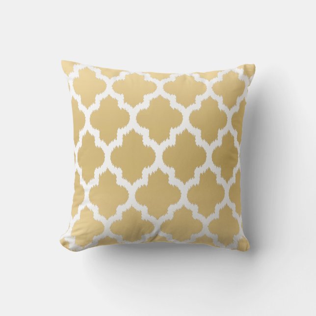 Wit & Goud Quatrefoil Ikat geometrisch patroon Buitenkussen (Voorkant)