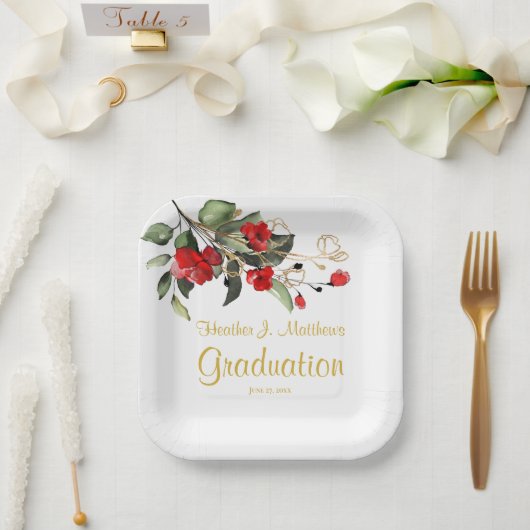 Wit & Goud Rode Bloemengraduatiefeest Papieren Bordje (Huwelijk)