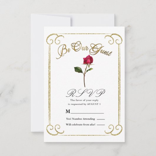 Wit & Goud Rood Rose Schoonheid Bruiloft RSVP Antw Kaart (Voorkant)