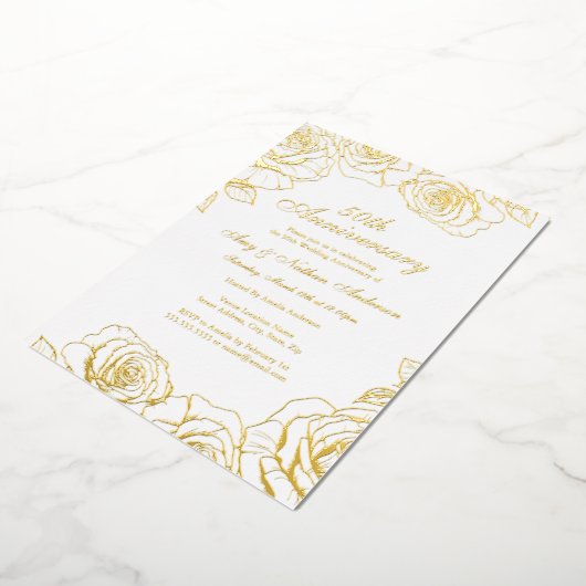 Wit Goud Roos Tuin 50ste bruiloft Jubileum Folie Uitnodiging (Gedraaid)