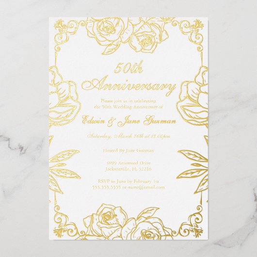 Wit Goud Roos Tuin 50ste bruiloft Jubileum Folie Uitnodiging (Voorkant)