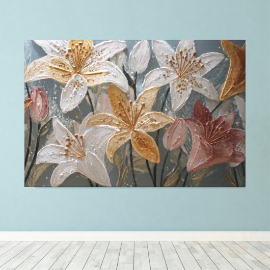 Wit Goud Roze Lelies Textured Abstracte Wandkunst Canvas Afdruk (Insitu (Houten vloer))