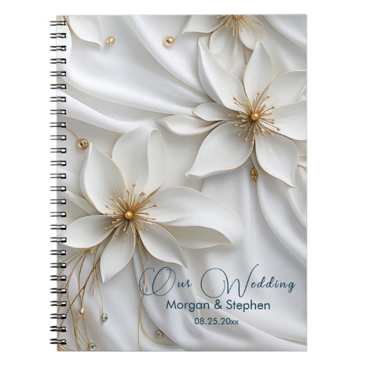 Wit & Goud Satijn Bloemen Bruiloft Planner Notitie Notitieboek (Voorkant)