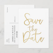 Wit & Goud SAVE THE DATE Moderne Script Ansichtkaa Aankondigingskaart (Voorkant / Achterkant)