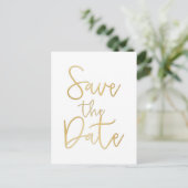 Wit & Goud SAVE THE DATE Moderne Script Ansichtkaa Aankondigingskaart (Staand voorkant)
