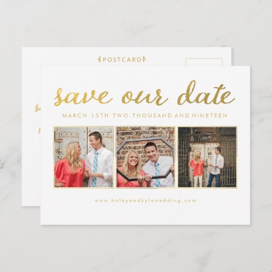 Wit Goud Script Bewaar onze datum Foto Briefkaart (Voorkant / Achterkant)