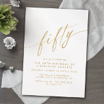 Wit & Goud Script | Delicate Luxe 50ste verjaardag Kaart<br><div class="desc">Formele uitnodigingen voor de 50ste verjaardag met "vijftig" tekst in een kalligrafieschrift. Faux gouden lettertype op een heldere witte achtergrond. OPMERKING: het gouden effect wordt gerepliceerd door een afbeelding van hoge kwaliteit. Item zal mat worden afgedrukt.</div>
