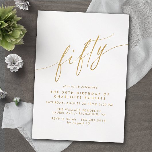 Wit & Goud Script | Delicate Luxe 50ste verjaardag Kaart