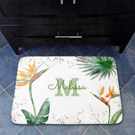 Wit Goud Tropische Bloemen Monogram Naam Badmat