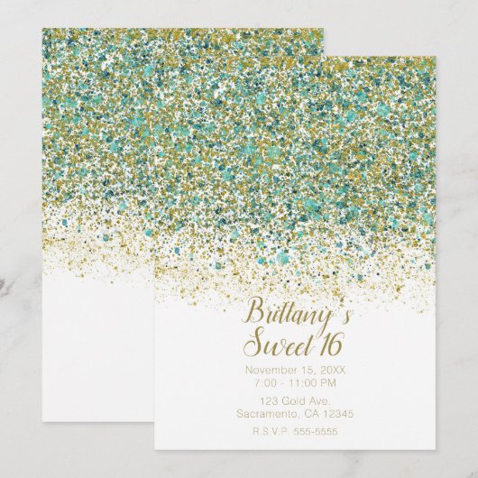 Wit Goud & Turkoois Glitter Modern Kust Sweet 16 Kaart (Voorkant / Achterkant)