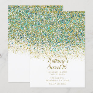 Wit Goud & Turkoois Glitter Modern Kust Sweet 16 Kaart