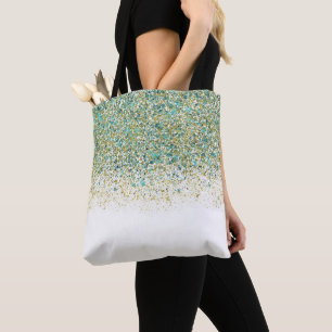 Wit Goud & Turquoise Blauwe Glitters Moderne Kust  Tote Bag