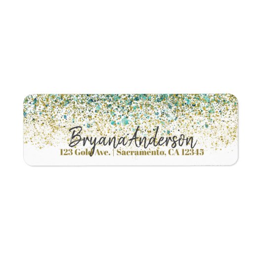 Wit Goud & Turquoise Glitter Moderne Kust Glamour Etiket (Voorkant)