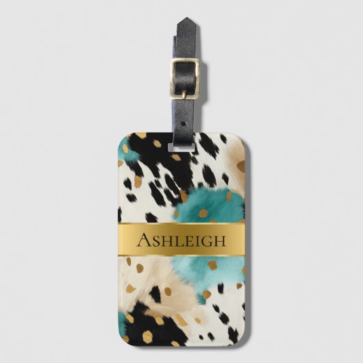 Wit Goud Turquoise Zwart Koeienhuid Naam Bagagelabel (Voorkant (verticaal))