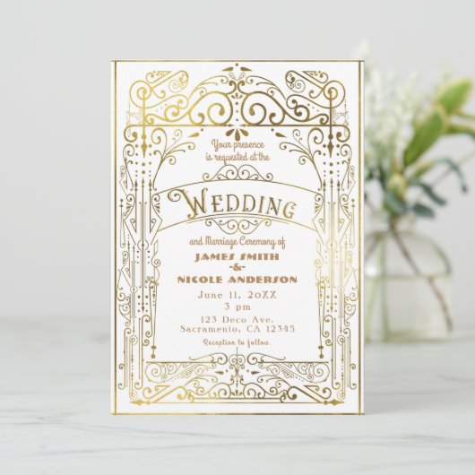 Wit & Goud  Victoriaans Deco Wedding Kaart (Staand voorkant)
