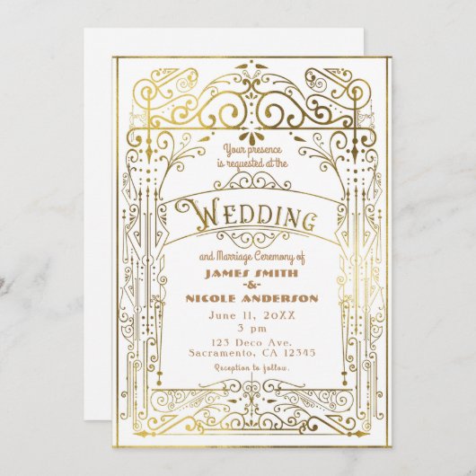 Wit & Goud  Victoriaans Deco Wedding Kaart (Voorkant / Achterkant)