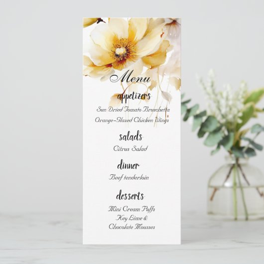 Wit & Goud Waterverf Bloemen Bruiloft Menu (Staand voorkant)
