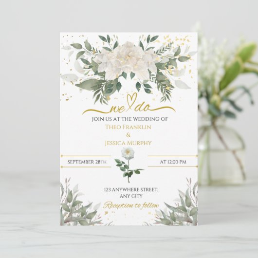 Wit & Goud 'We Do' Uitnodiging (Staand voorkant)