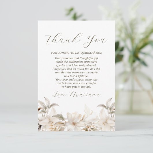 Wit Goud Zilveren Winter Bloemen Quinceañera Bedankkaart (Staand voorkant)