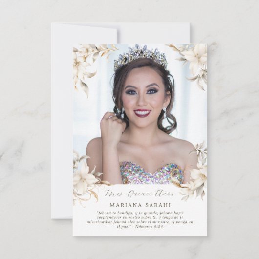 Wit Goud Zilveren Winter Bloemen Quinceañera Bedankkaart (Achterkant)