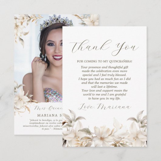 Wit Goud Zilveren Winter Bloemen Quinceañera Bedankkaart (Voorkant / Achterkant)