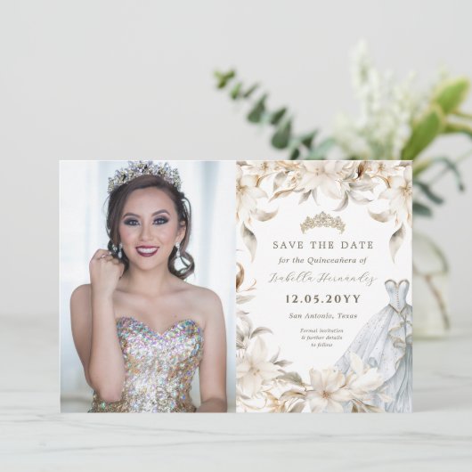 Wit Goud Zilveren Winter Bloemen Quinceañera Jurk Save The Date (Staand voorkant)