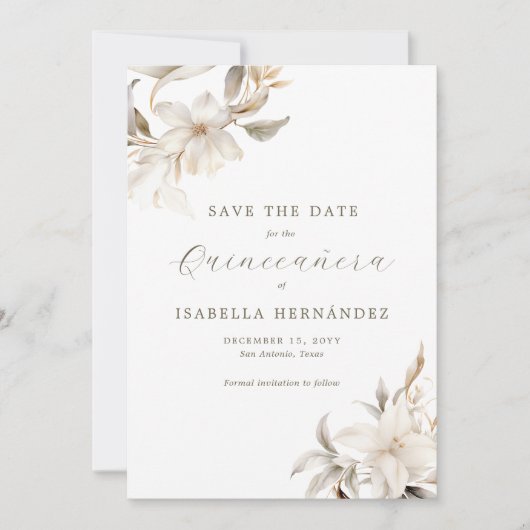 Wit Goud Zilveren Winter Bloemen Quinceañera Save The Date (Voorkant)