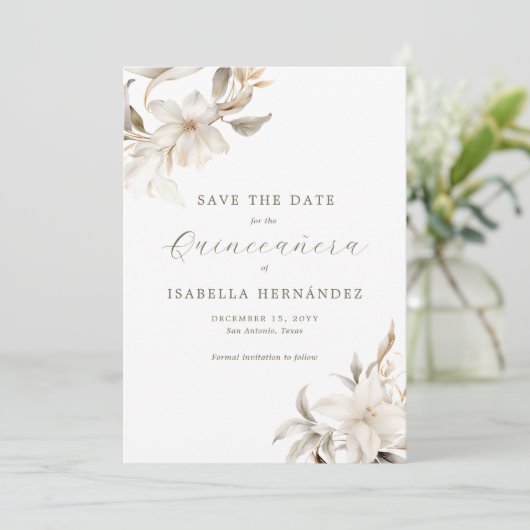 Wit Goud Zilveren Winter Bloemen Quinceañera Save The Date (Staand voorkant)
