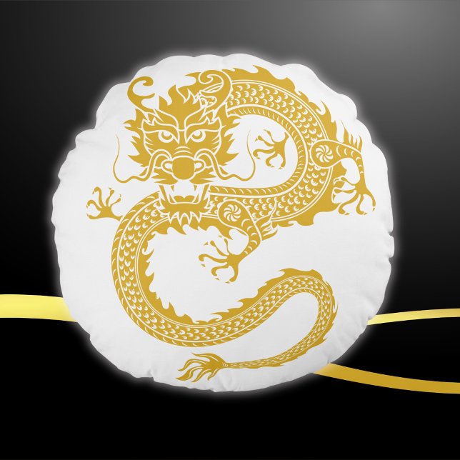 Wit, Goud & Zwart, Chinese Draak Zodiac | Rond Kussen (Creator heeft geüpload)