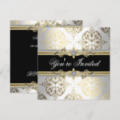 Wit Goud Zwart Damask Party Uitnodigingen (Voorkant / Achterkant)