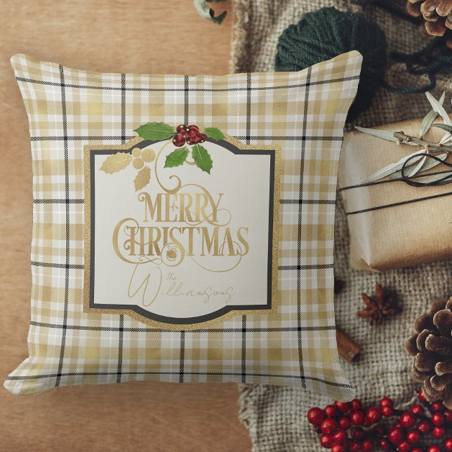 Wit Goud Zwart Plaid Met Naam Kerst Kussen (Christmas pillows personalized Christmas throw pillow for couch)