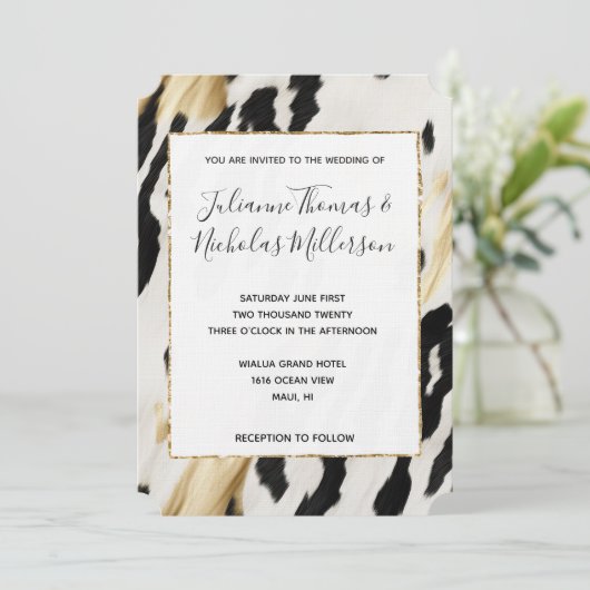 Wit Goud Zwart Zuidwest Koeienhuid Bruiloft Kaart (Staand voorkant)