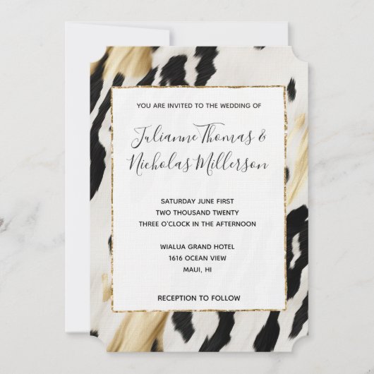 Wit Goud Zwart Zuidwest Koeienhuid Bruiloft Kaart (Voorkant)