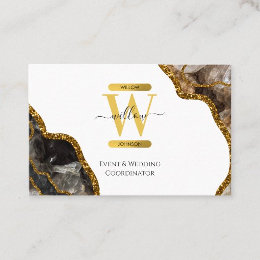 Wit & Gouden Agaat Geode Glitter Monogram Marmer Visitekaartje (Voorkant)