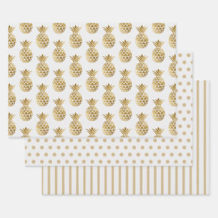 Wit Gouden Ananas Stippen Strepen Effen Inpakpapier Vel