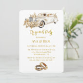 Wit Gouden Auto met Bloemen Verlovingsfeest Kaart (Staand voorkant)