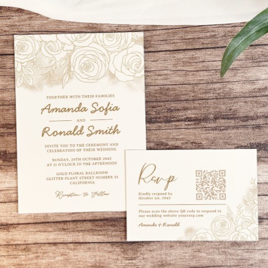 Wit Gouden Bloemen Elegante Huwelijk Kaart