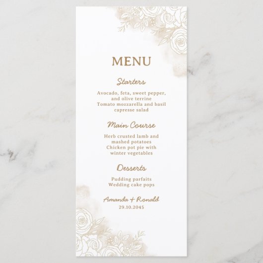 Wit Gouden Bloemen Elegante Huwelijk Menu (Voorkant)