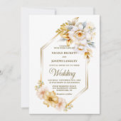 Wit Gouden Bloemen Geometrische Huwelijk Kaart (Voorkant)