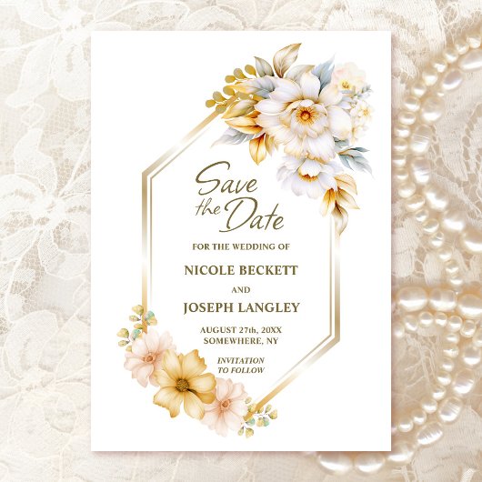 Wit Gouden Bloemen Geometrische Huwelijk Save the  Save The Date
