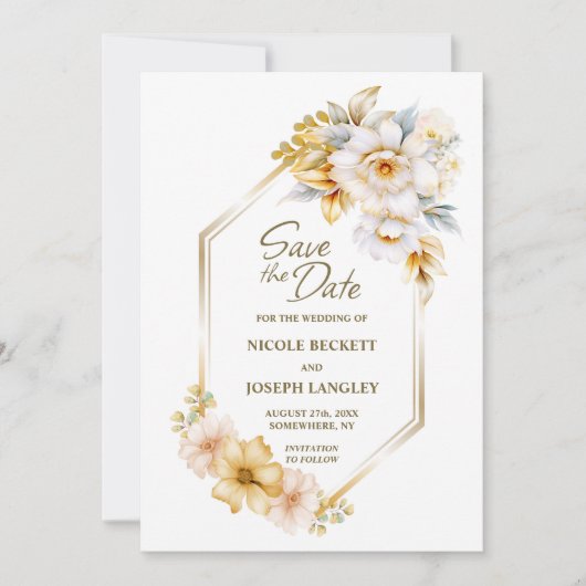 Wit Gouden Bloemen Geometrische Huwelijk Save the  Save The Date (Voorkant)