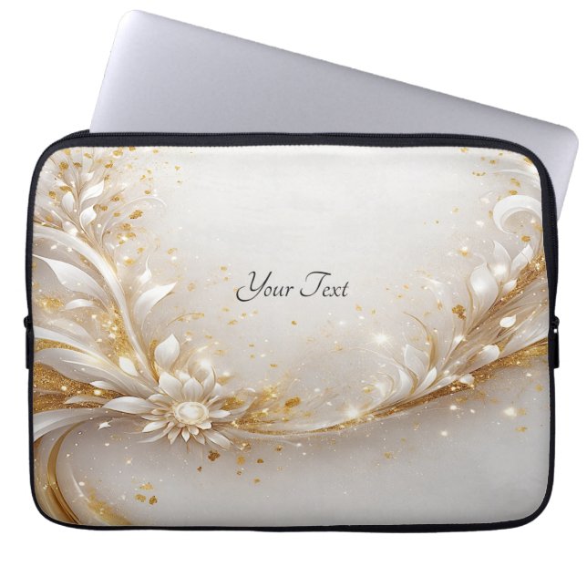 Wit Gouden Bloemen Laptop Sleeve (Voorkant)