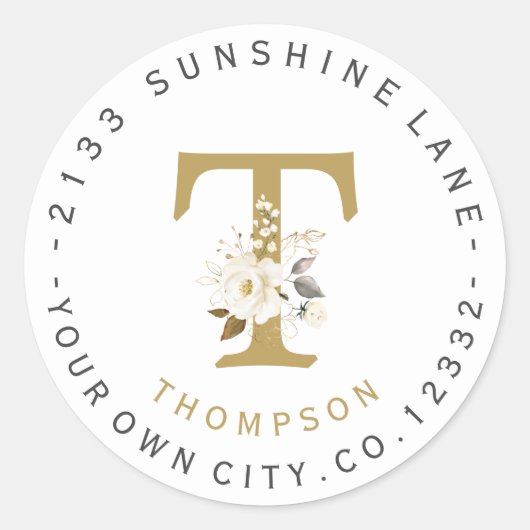 Wit Gouden Bloemige Monogram Ronde Adreslabel Sticker (Voorkant)
