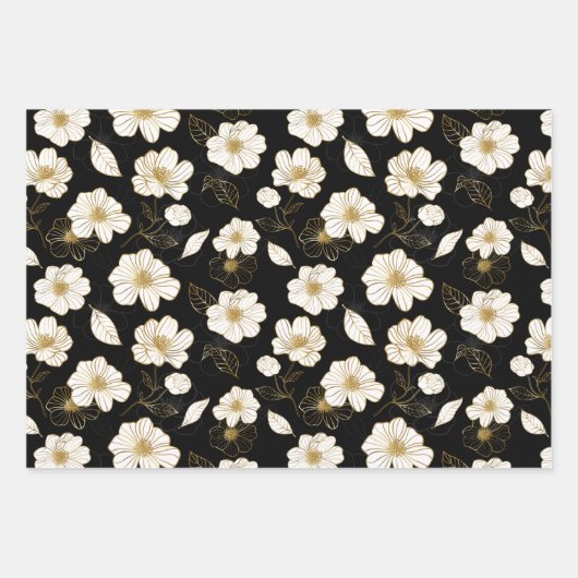 Wit gouden bloemmotief op zwart inpakpapier vel (Voorkant 2)
