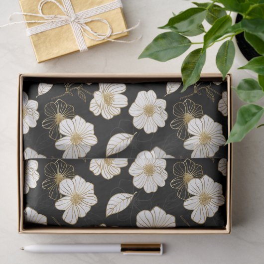 Wit gouden bloemmotief op zwart tissuepapier (Geschenk)