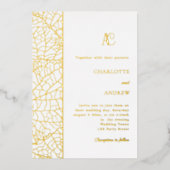 Wit gouden botanisch monogram luxe trouwfeest folie uitnodiging (Voorkant)