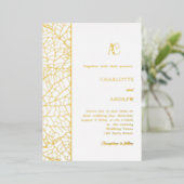 Wit gouden botanisch monogram luxe trouwfeest folie uitnodiging (Staand Voorkant)