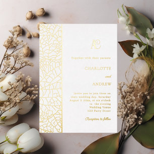 Wit gouden botanisch monogram luxe trouwfeest folie uitnodiging